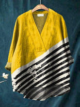 Geometric Abstract Art Printed Women's Casual Cotton And Linen V-Neck Shirt